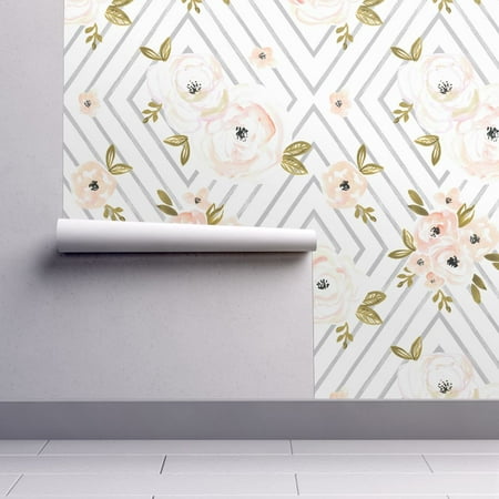 Peel-and-Stick Removable Wallpaper Watercolor Floral Diamond Peach