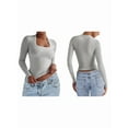 thumbnail image 3 of Womens Long Sleeve Shirts Square Neck Tops Ribbed Knit Teen Girls Crop Tops Fall Fashion Clothes White Flower Ash XL, 3 of 7