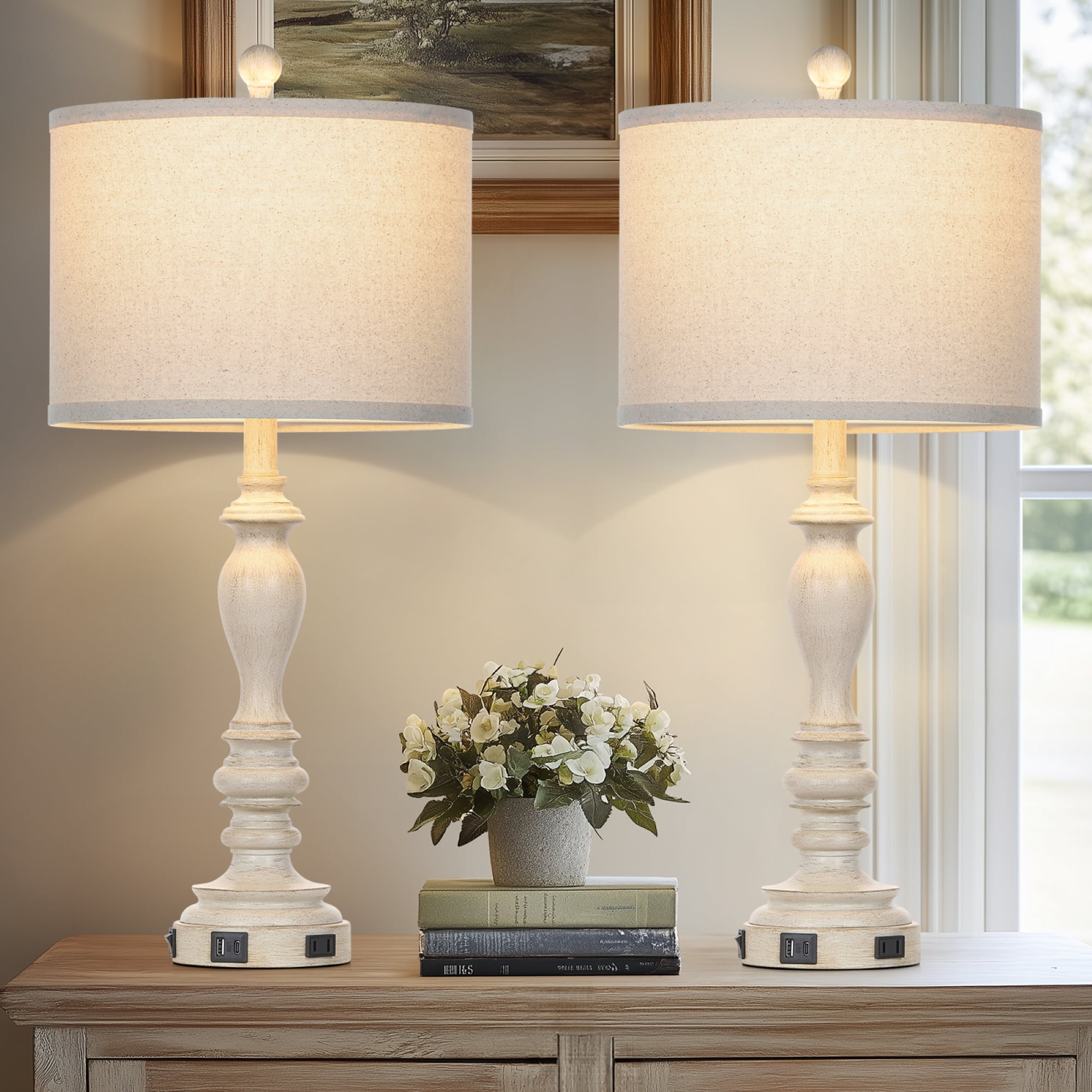 Cinkeda Farmhouse Resin Table Lamp Set of 2 with USB A+C Ports AC Outlet for Bedroom Living Room 27.5" Rustic Bedside Nightstand Lamps