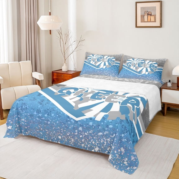 jejeloiu Gymnastic Sports Twin Sheet Sets,Chic Glitter Print Twin Fitted Sheet,Blue White Flat Sheet For Girls Kids,Ultra Soft Home Decor,3pcs