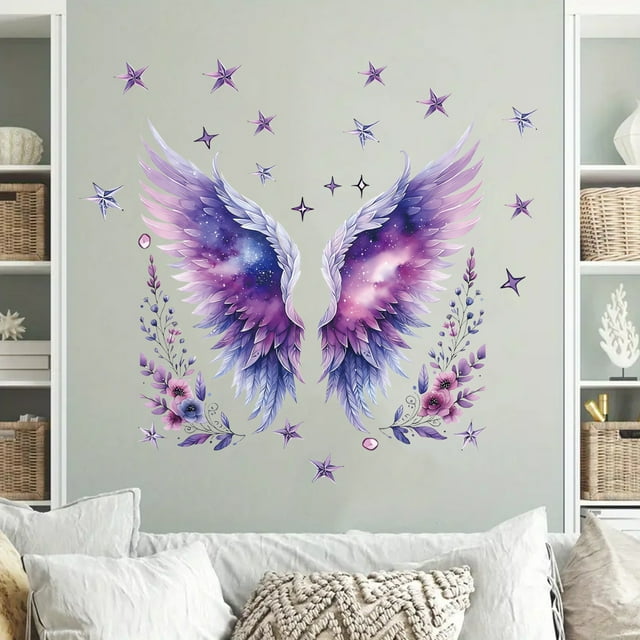 Adhesivos de pared con alas de ángel moradas, galaxia, mariposa y flor