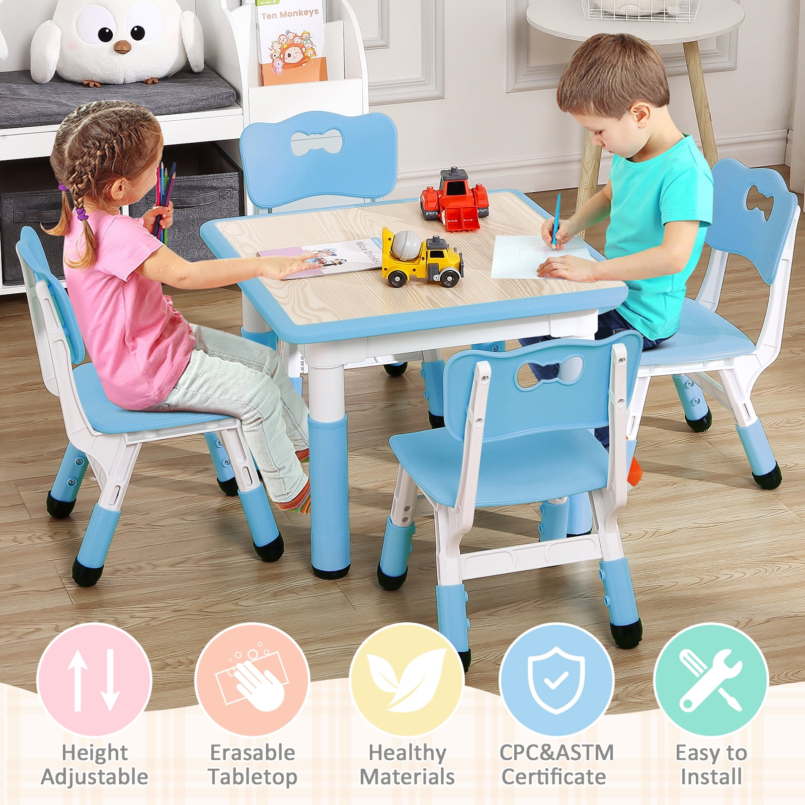 Kids Table and Chairs Set with 4 Seats, Adjustable Height Desk with Non-Slip Legs, Graffiti Table Top, for Ages 2-10, Multi-Activity Table for Classrooms, Daycares, Home