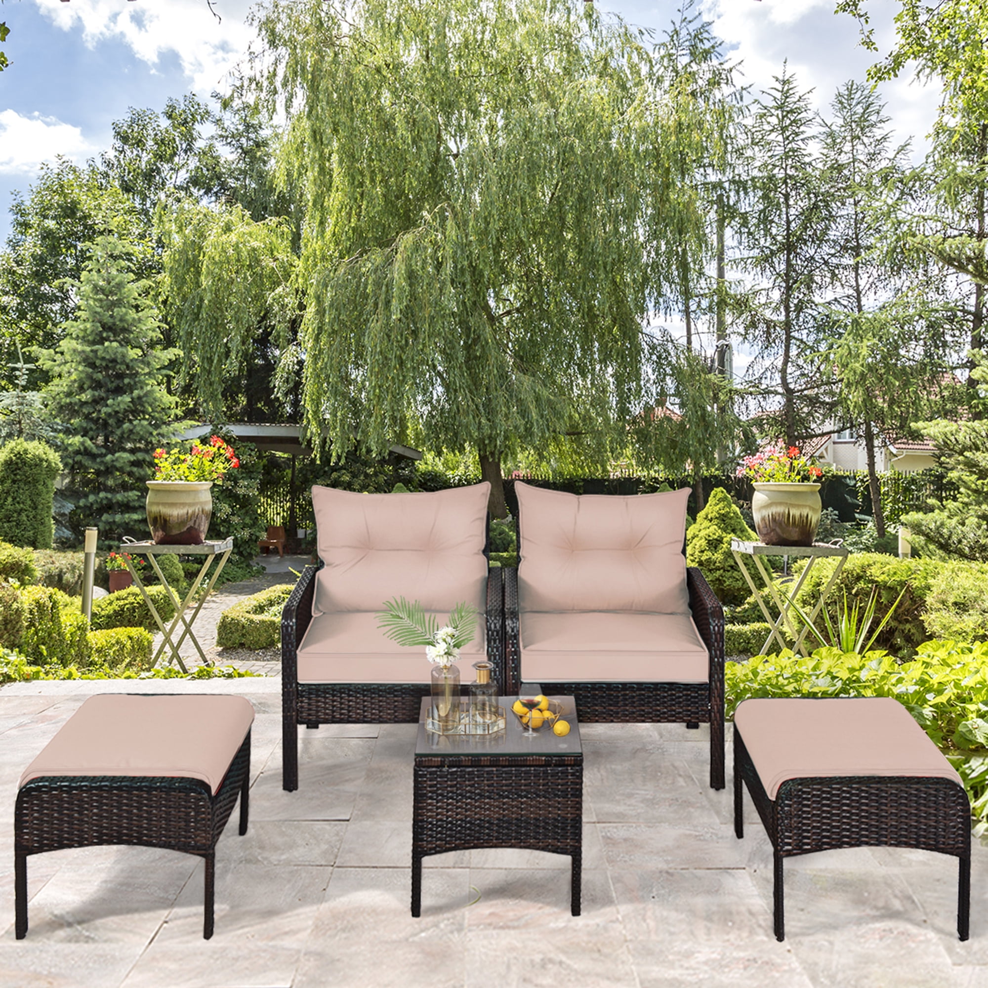 Gymax 5 PC Patio Set Sectional Rattan Wicker Furniture Set Home Outdoor