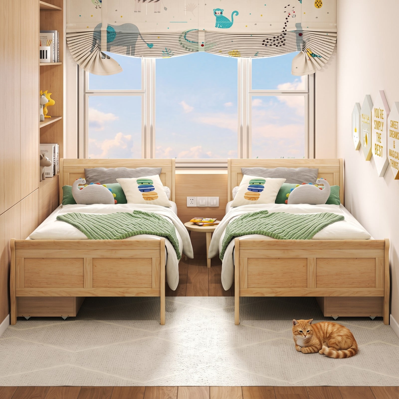 Furnibear Twin Bed Frame with 2 Storage Drawers, Wood Sleigh Platform Bed Frame with Storage and Curved Headboard for Kids Room and Bedroom, Natural