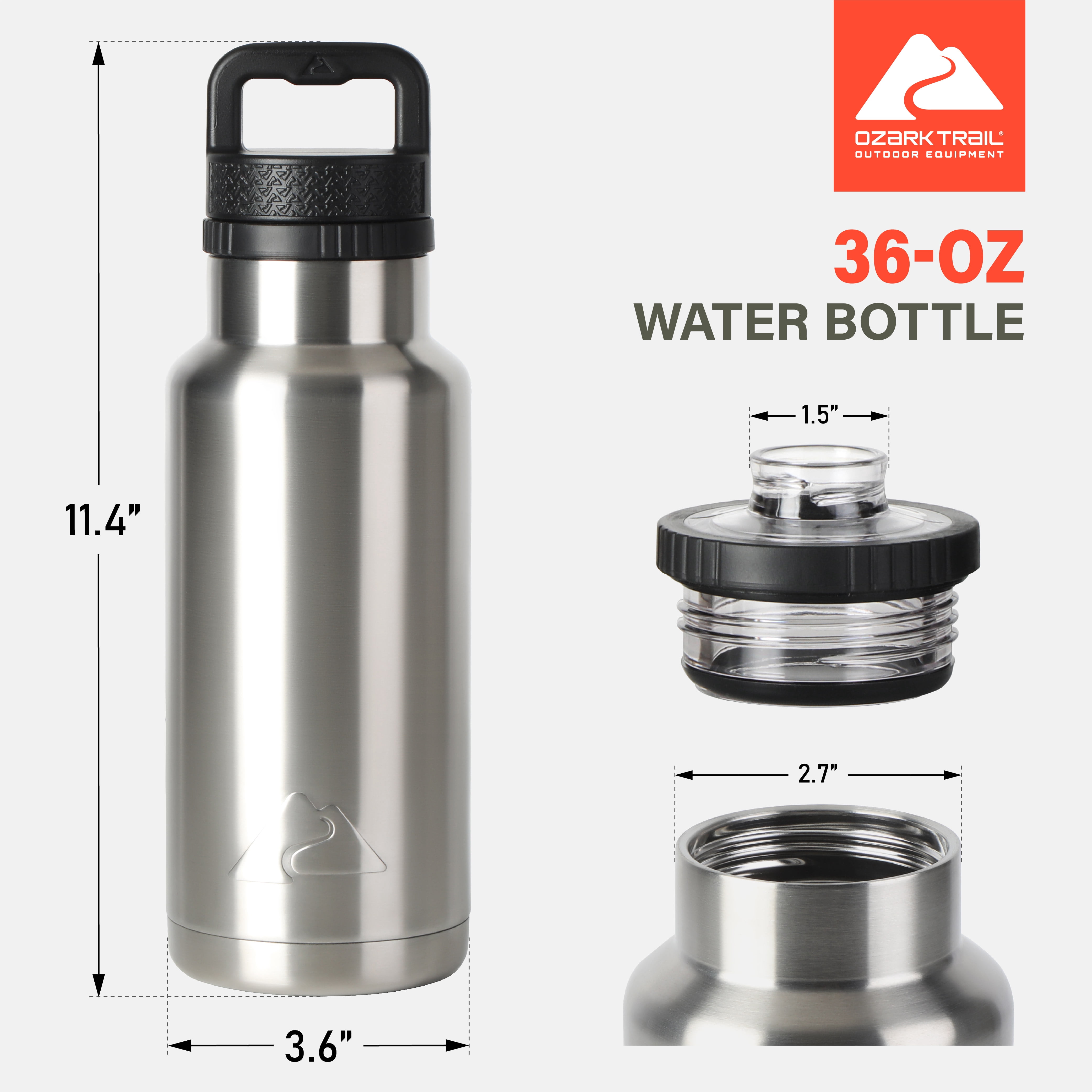 Ozark Trail 36 oz Stainless Steel Insulated Chug Water Bottle, Silver