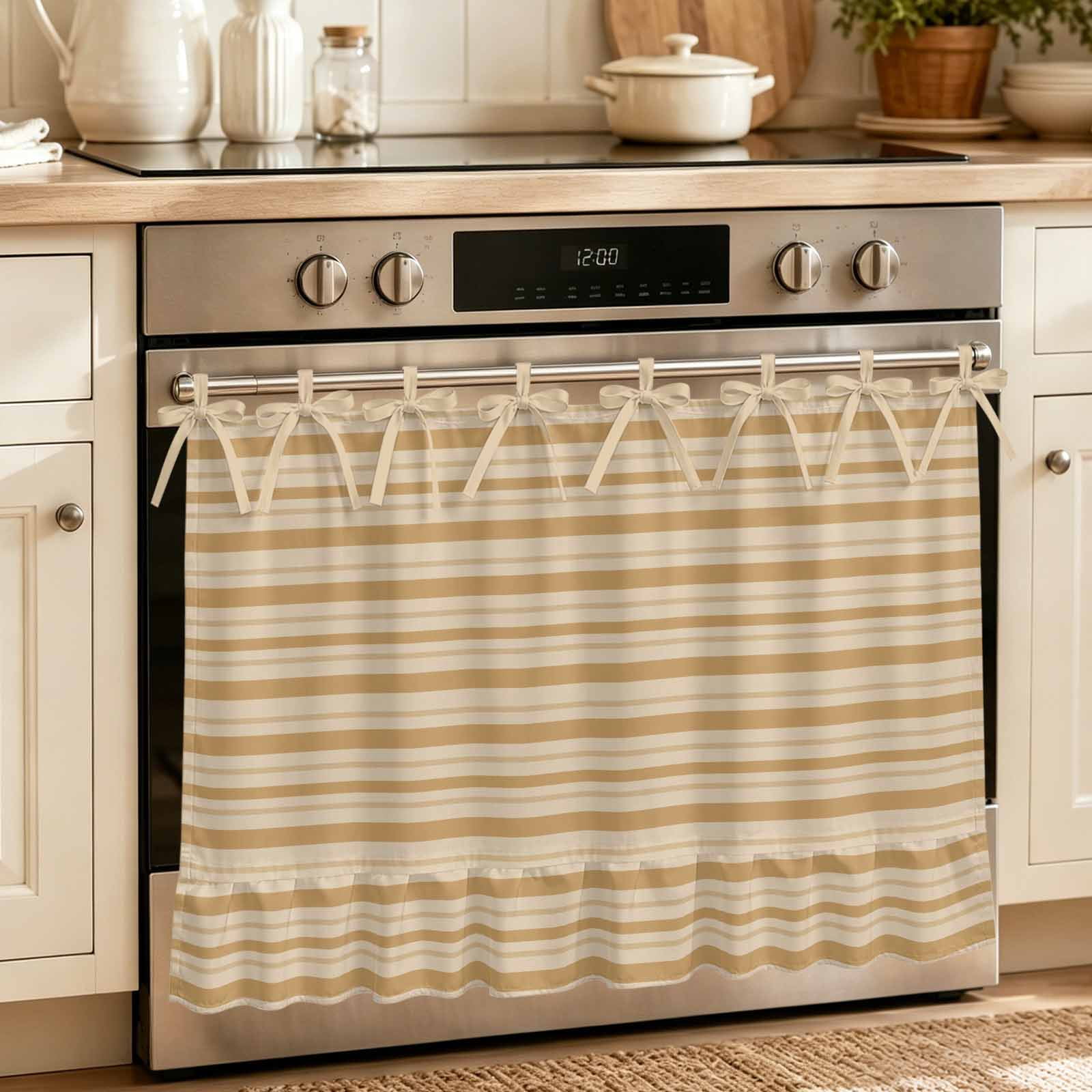 Beige Striped Oven Skirt for Farmhouse Kitchen D&eacute;cor Farmhouse Vintage Peach Stripes Oven Curtain Tie Top Decorative Stove Skirt Cabinet Dish Washer Curtains with 8 Ribbon Ties 27 x20