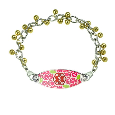 - Divoti Deep Custom Laser Engraved Gorgeous Red Rose Medical Alert Bracelet -Sphere Chain