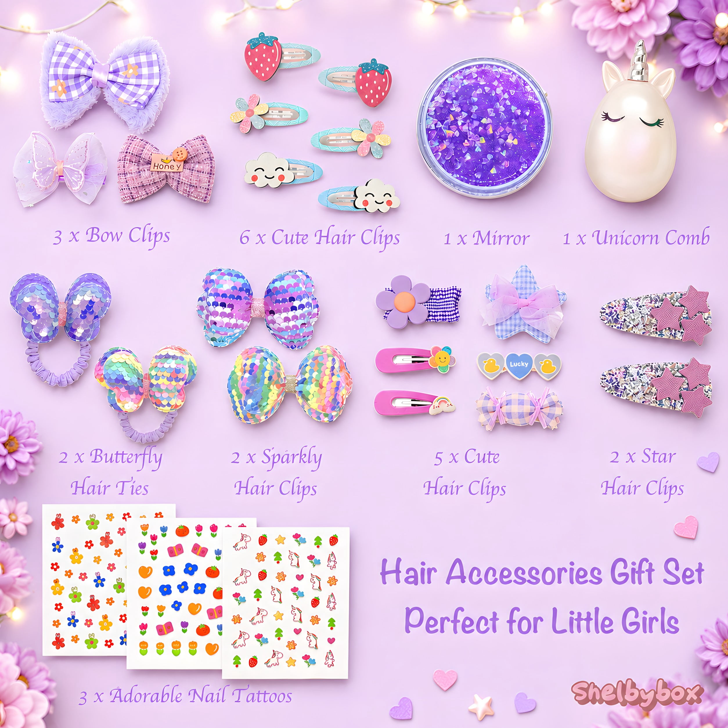 Shelbybox Hair Accessories for Girls Gift Set, 25 Pieces Purple Hair Clips, Barrettes, Ponytail Ties, Bows, Mirror & Unicorn Comb, Toddler Hair Set