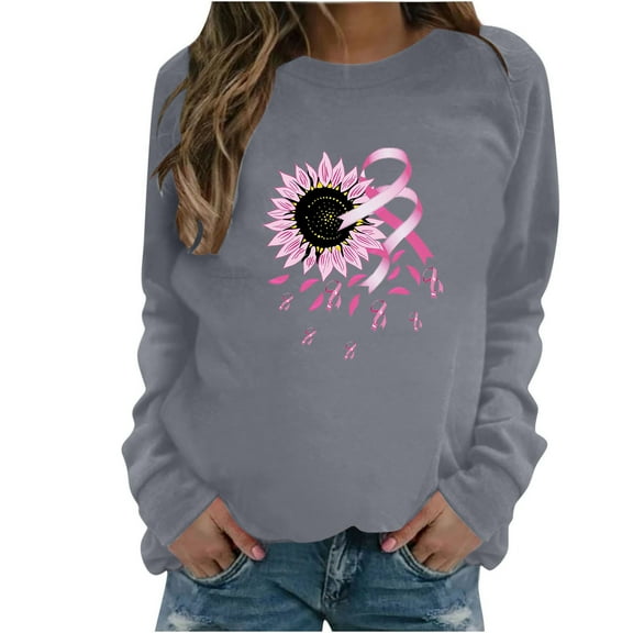 Trendy Breast Cancer Shirts for Women Long Sleeve Round Neck Pink Ribbon Print Tops Casual Loose Pullover Hoodie Top,Gray 2,M