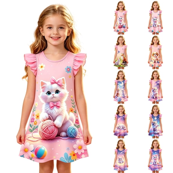 LRen Girls Nightgowns Summer Dresses Cute Animal Print Sleeveless Loose Fit Cartoon Casual Playwear Age 3-10 Years Nightwear Night Gowns for Kids Girls