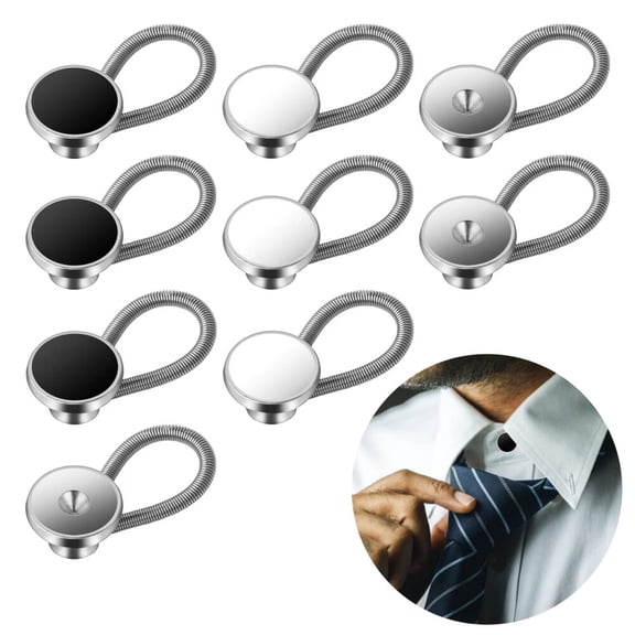9Pcs Elastic Collar Extenders for Mens Shirts,Flexible Neck Button Extenders for Dress Shirts Suits Cuffs,Coat,Jeans Pants for Men and Women (Black,White,Silver)