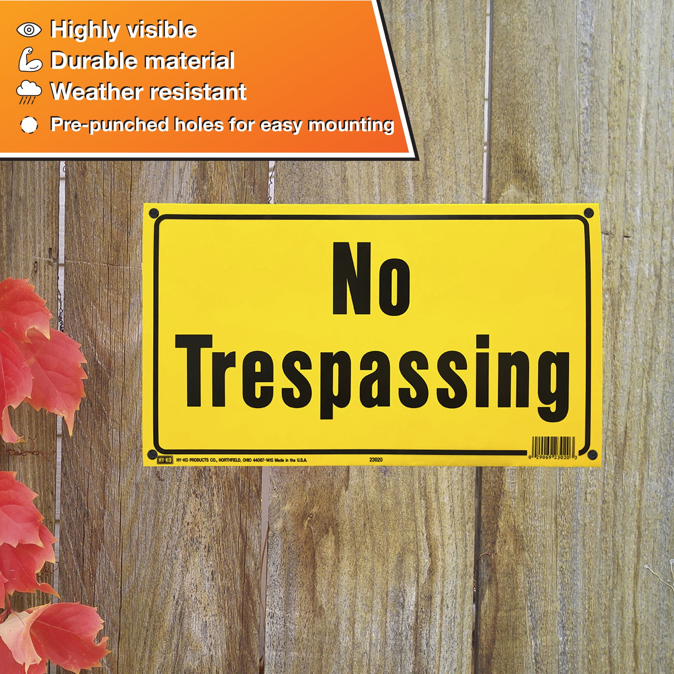 HY-KO 8 x 14 inch Plastic No Trespassing Sign, Bright Yellow, 1 Each