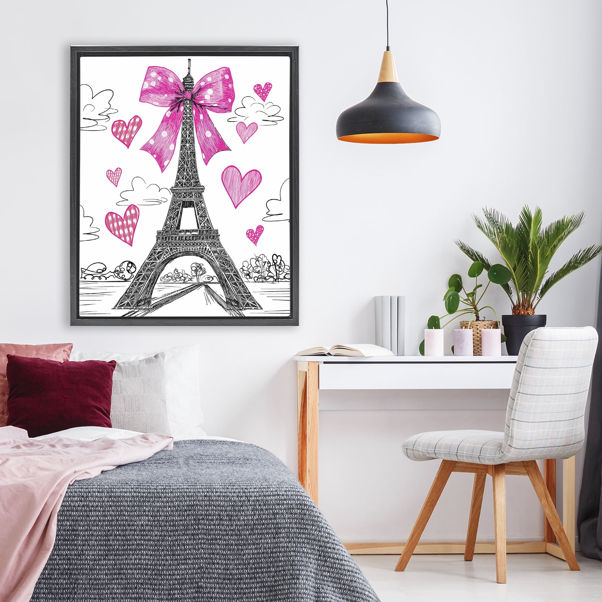 Stupell Industries Heart Patterned Eiffel Tower Black Framed Floater Canvas Wall Art, design by Jess Stempel