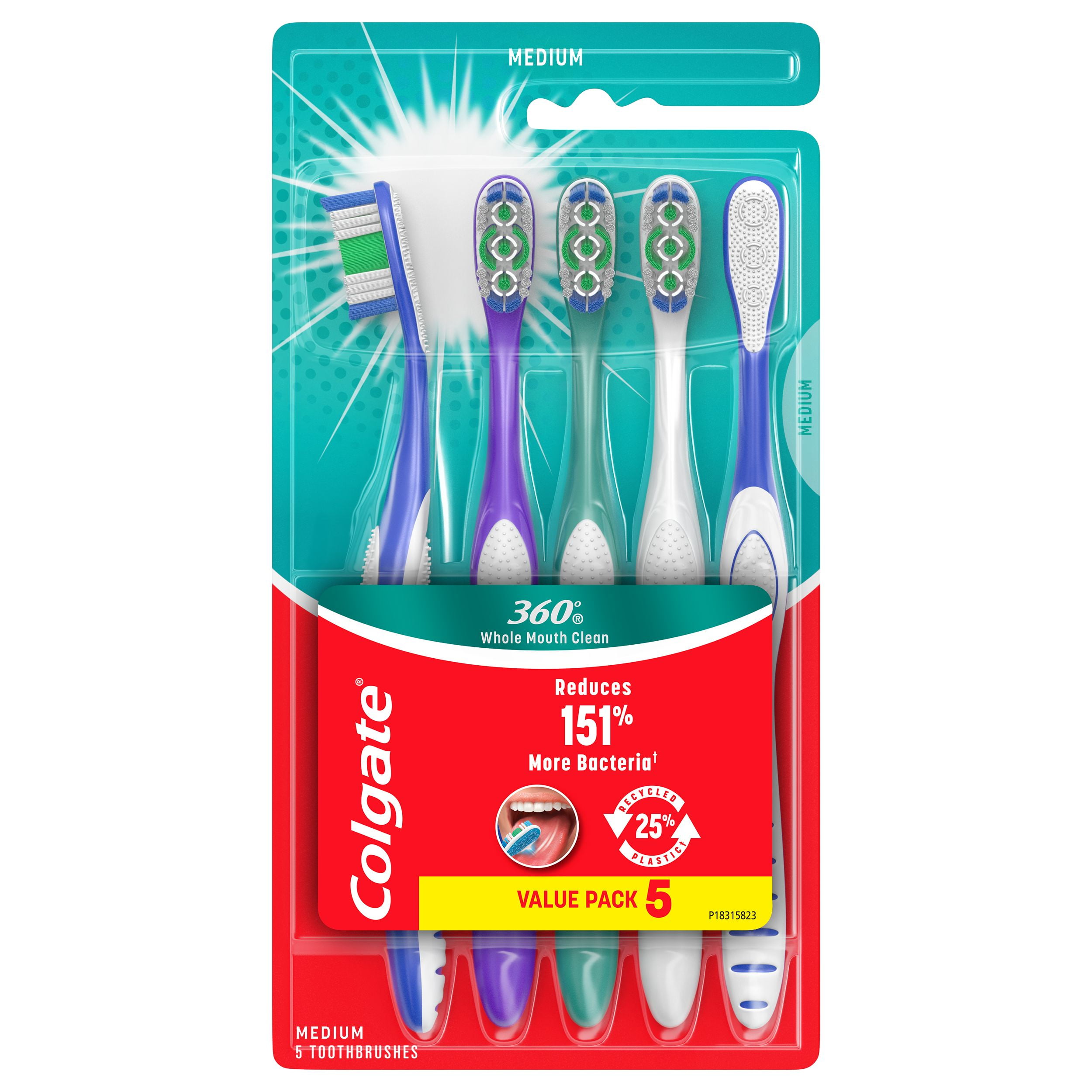 Colgate 360° Manual Toothbrush with Tongue and Cheek Cleaner, Medium, 5 Ct.  - Walmart.com