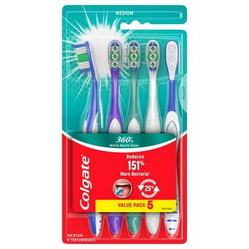 Colgate 360 Manual Toothbrush with Tongue and Cheek Cleaner, Medium, 5 Ct.
