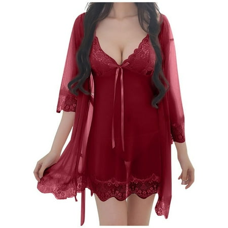 Afdoent Womens Sexy Lingerie Sexy Wireless Rimless Pajamas Lace Nightdress Silk Underwear Female Sleepwear Nightgown