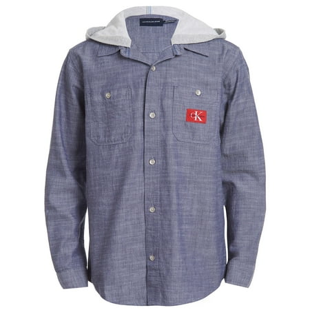 Calvin Klein Jeans Big Boys Iconic Hooded Denim Shirt (Navy, 8)