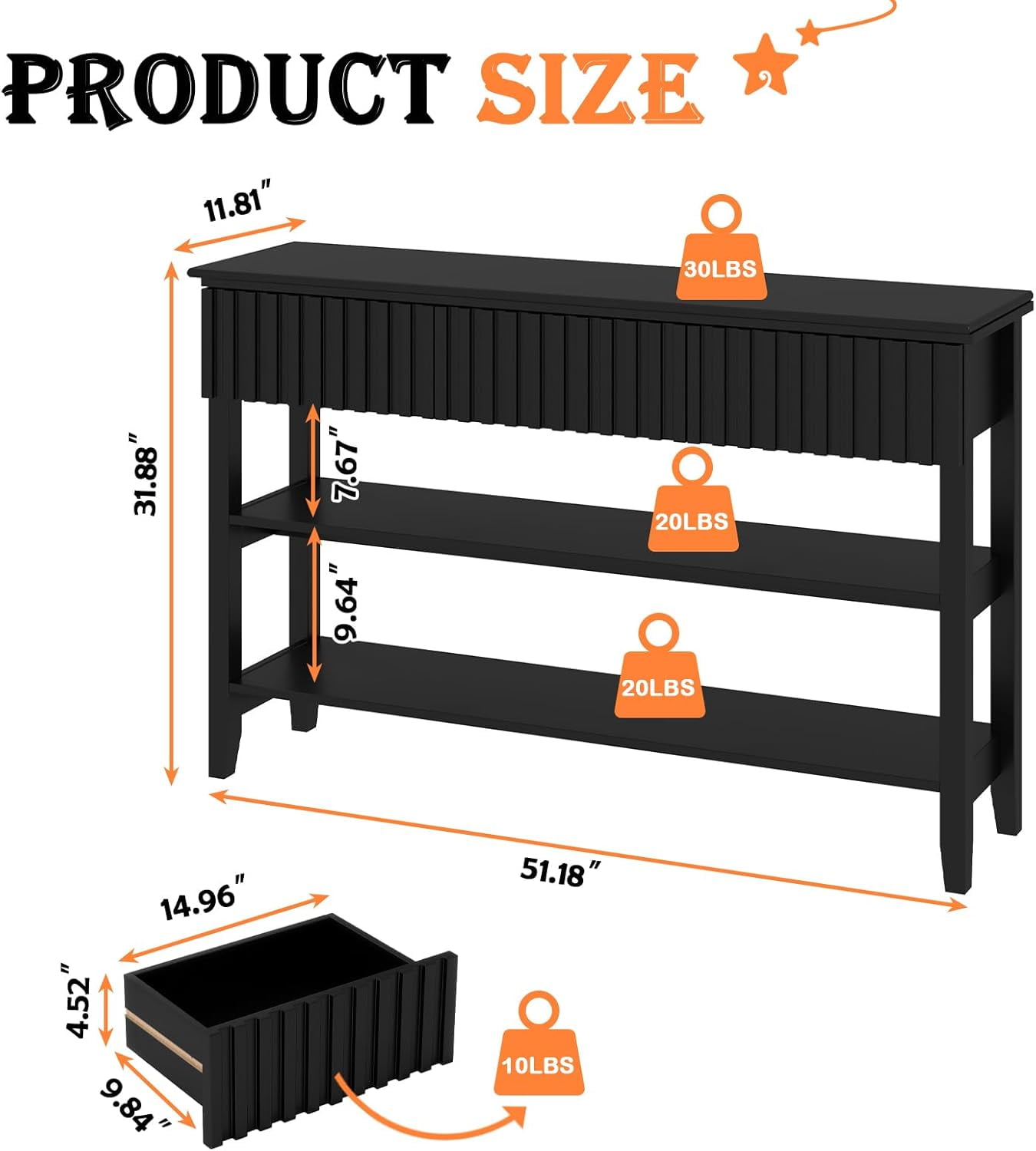LAZZO Modern Fluted Console Table, Narrow Long Behind Couch Sofa Entryway Table with 3 Drawers & 2-Tier Open Shelf, Black