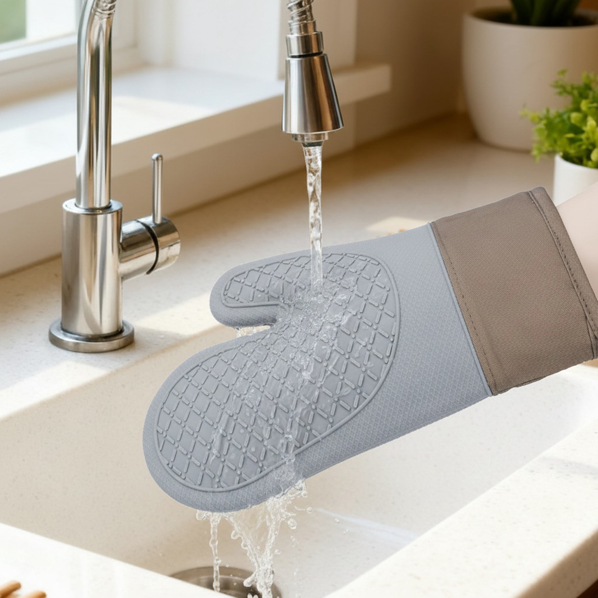 Unique Bargains 2pcs Soft Silicone and Cotton Heat-Resistant Oven Mitts Gray 11.2" x 7.7"