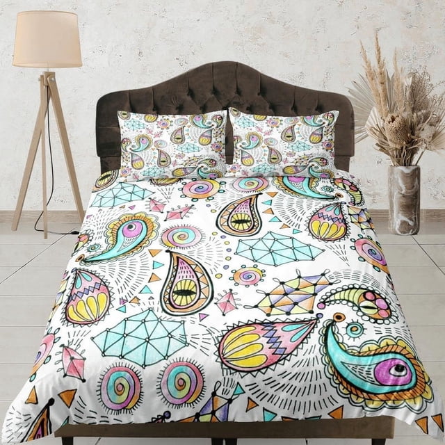 Colorido Doodle Paisley Juego de Funda Nórdica, Estética Habitación Decoración Juego de cama completo,