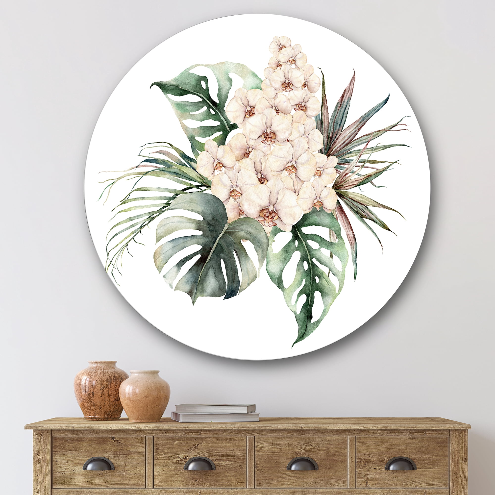 Designart 'Bouquet With Orchids Coconut Leaves and Monstera ' Traditional Circle Metal Wall Art 29x29 - Disc of 29