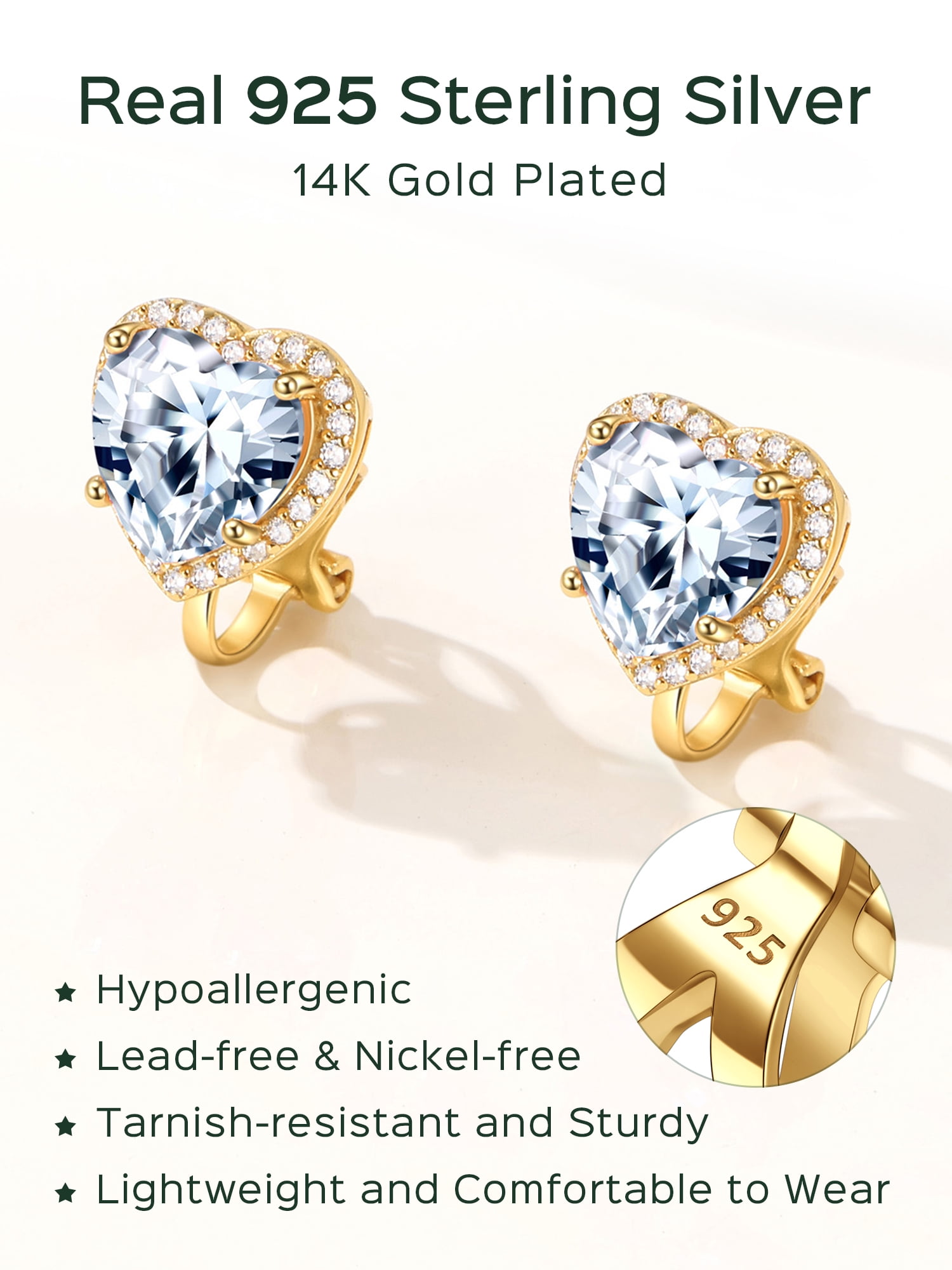 ChicSilver 925 Sterling Silver Non-Pierced Stud Earrings April Birthstone Clip-on Earrings for Women 14K Gold Plated