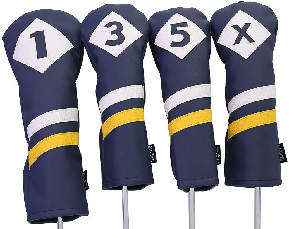 Majek Retro Golf Headcovers Blue White and Yellow Vintage Leather Style 1 3 5 X Driver Fairway