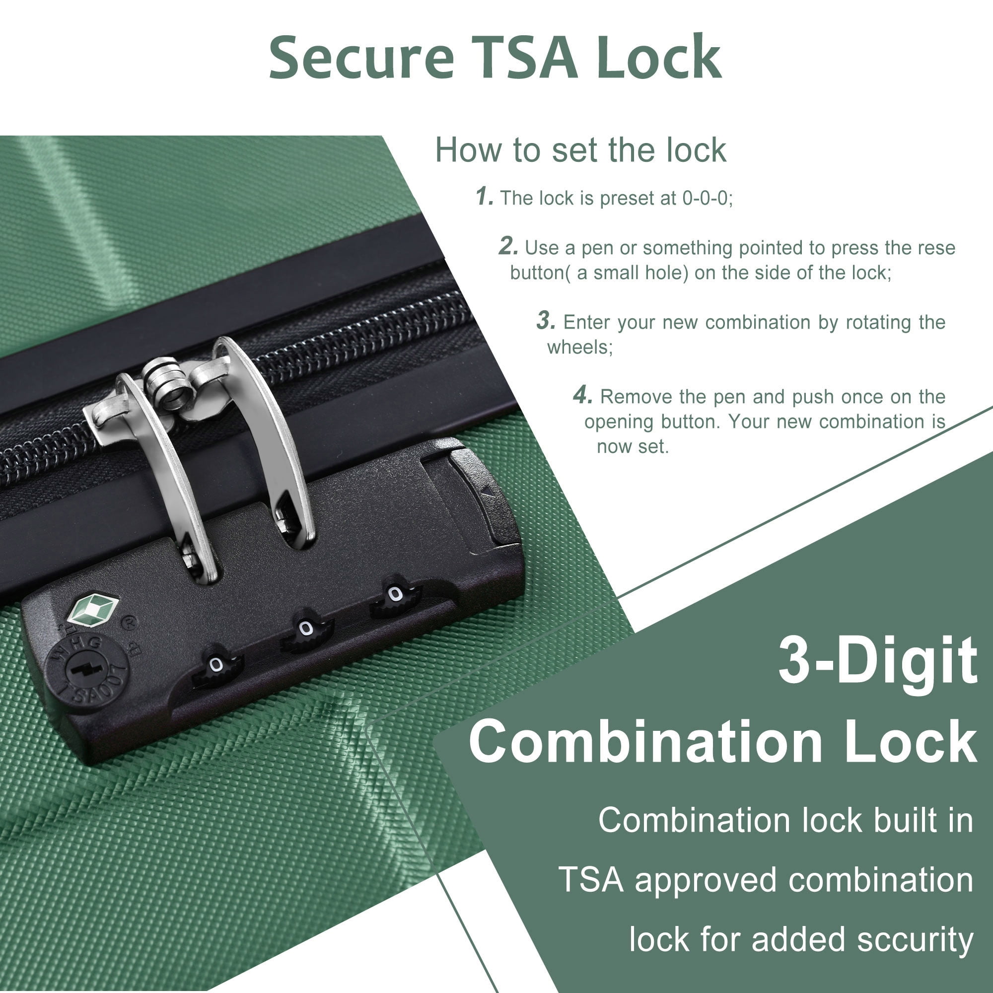 EUROCO Luggage Sets 3 Piece Carry-on Suitcases with Spinner Wheels and TSA Lock,Hardside 20" Family Travel Suitcase Set for Men Women,Green