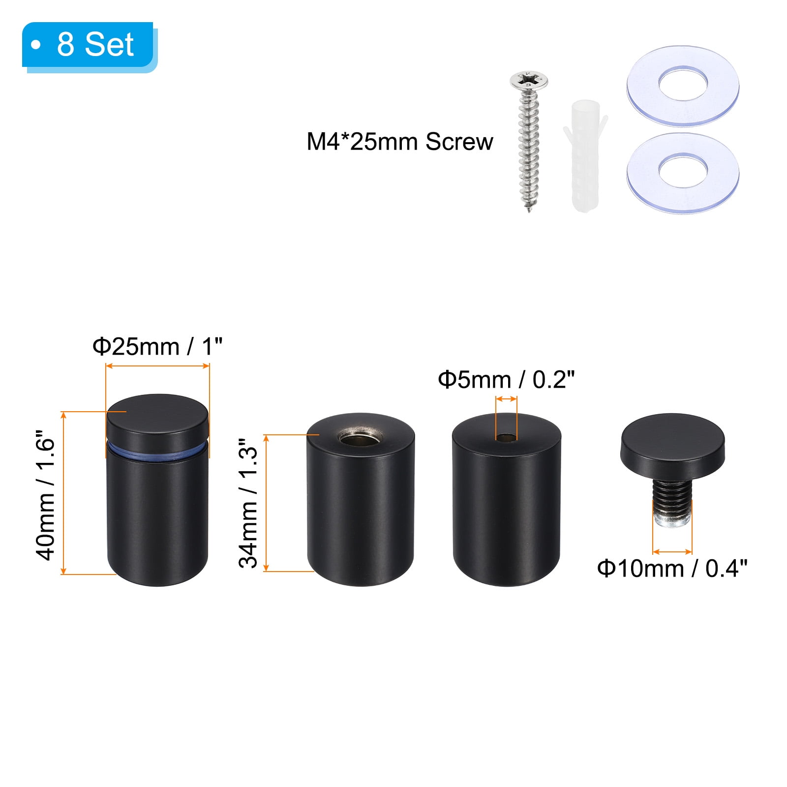 Uxcell 1 x 1.6 Inch Sign Standoff Screws, 8 Set Stainless Steel Wall Standoff, Black