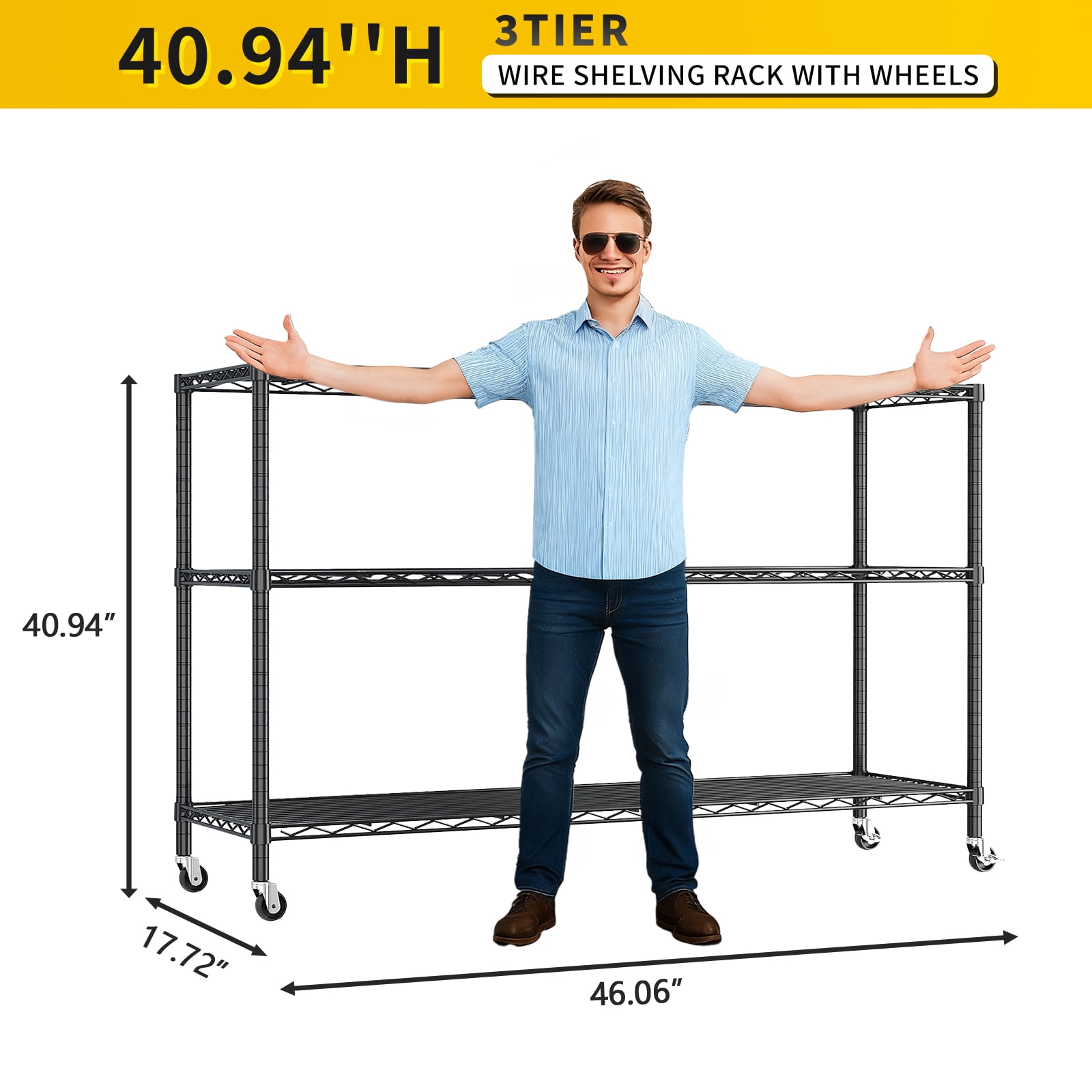 Ktaxon 3-Tier Heavy Duty Wire Shelf Rack with Wheels, 46" W x 18" D x 41" H 2000 LBS Storage Shelving Unit, Adjustable Black