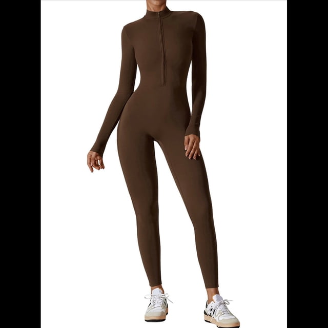 Mono de Entrenamiento de Larga para Mujer, con Cremallera, Pantalón y Mono Ajustado. Café de Té Asesinado M