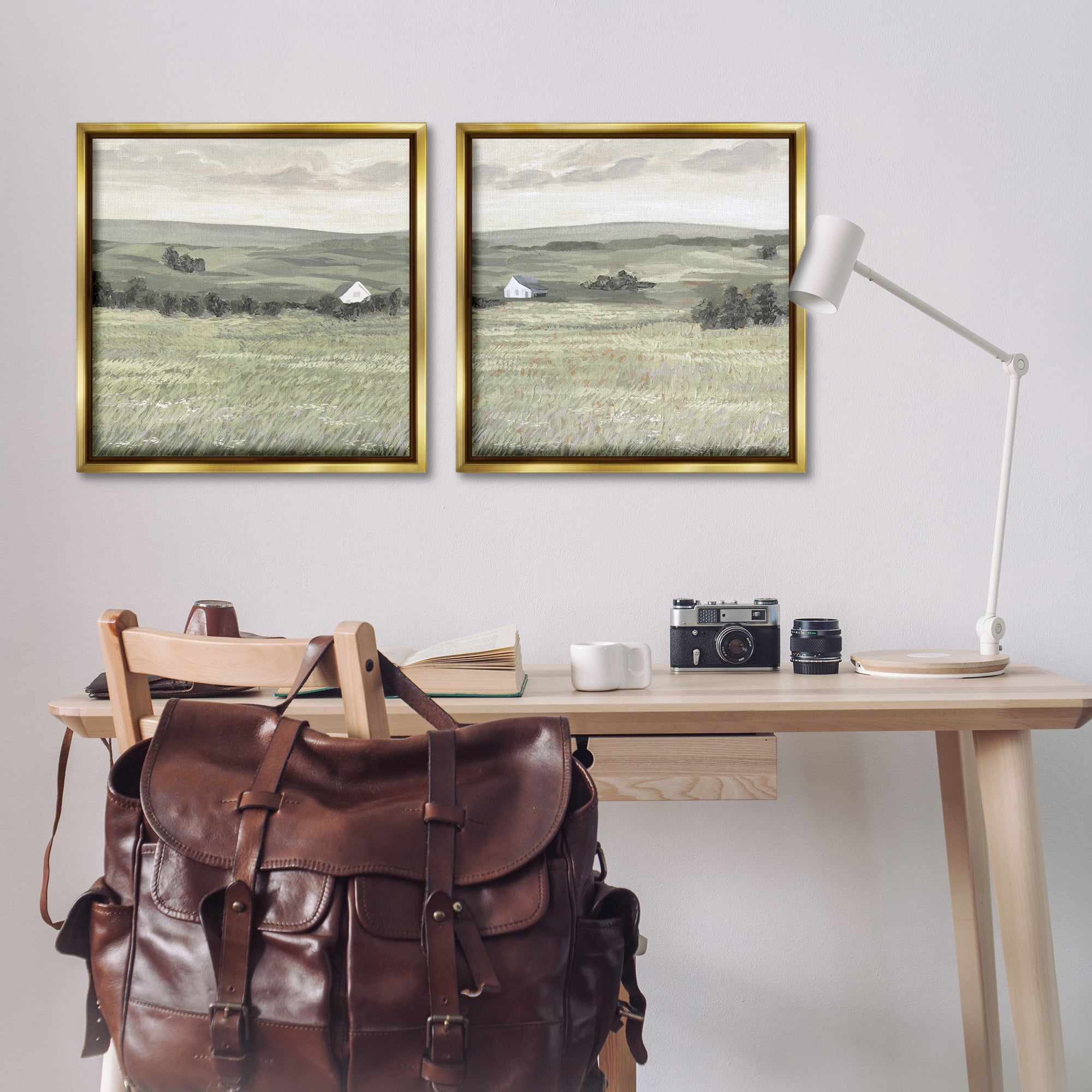 Stupell Industries Traditional Distant Farmhouse Field Landscape & Nature Painting Gold Floater Framed Canvas Art Print Wall Art, 25 x 25, Set of 2