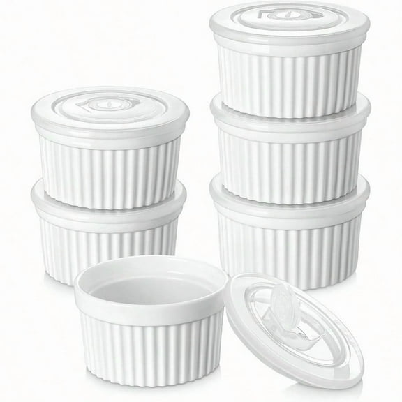 10 oz Ramekins with Lid Porcelain Creme Brulee Souffle Dishes White Pudding Custard Cups Ramiken for Baking Dishwasher and Oven Safe Set of 6