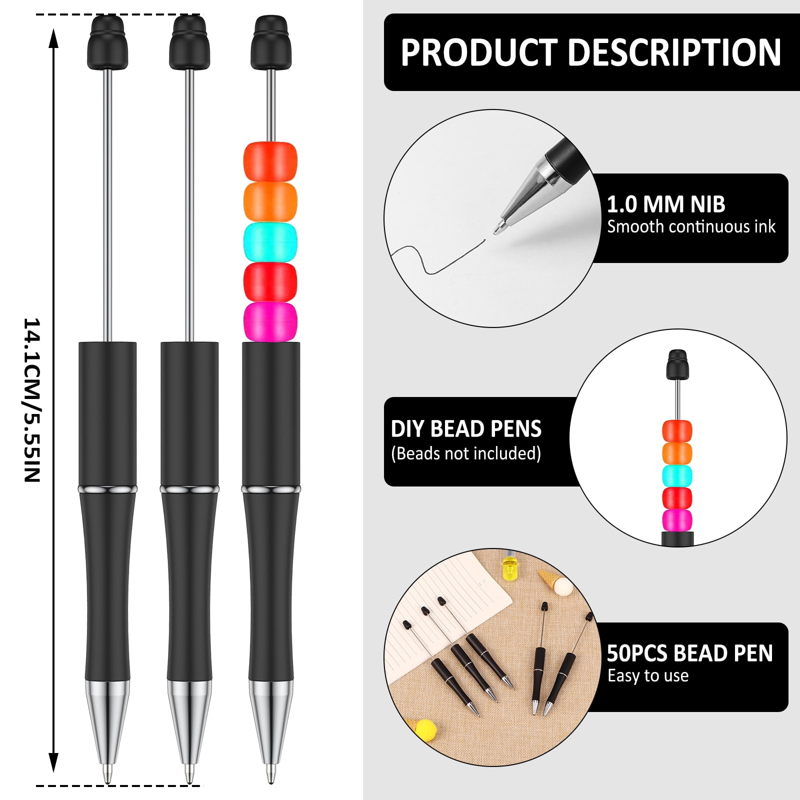 Needbrock 18 Pcs Plastic Beadable Pens Kit, DIY Beaded Pens Supplies with  1441 Colorful Beads, Assorted Bead Pen with Shaft Black Ink Ballpoint Pen
