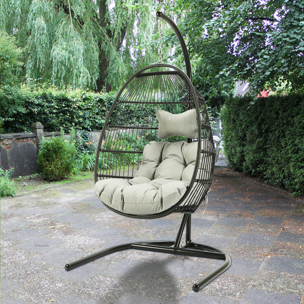 uhomepro Outdoor Egg Chair Patio Furniture, Hanging Wicker Egg Chair with Stand, Hammock Chair, Swinging Egg Chair, Swing Chair for Beach, Backyard, Balcony, Lawn Seating, Light Gray Cushion, W11049 - image 5 of 11