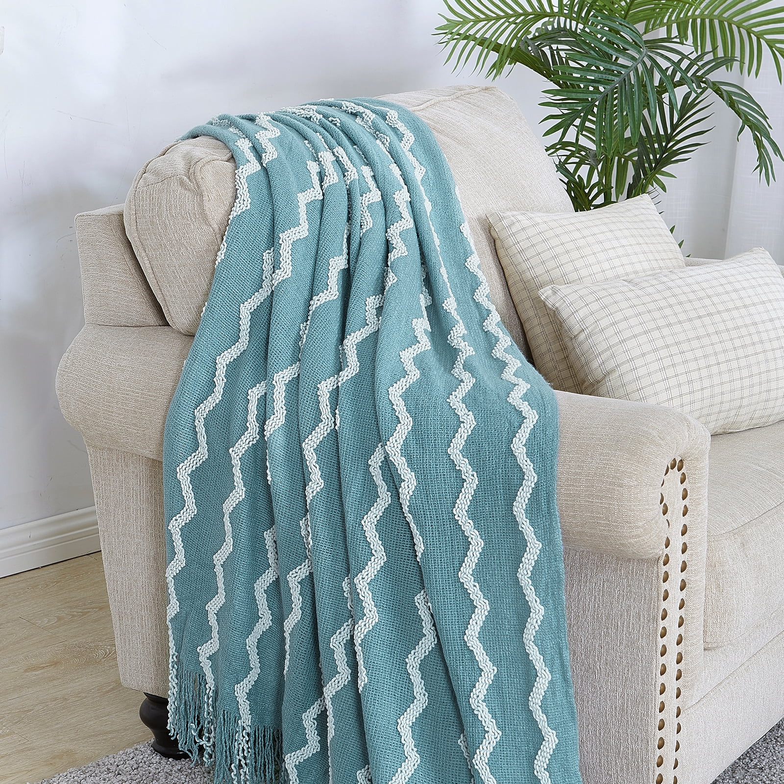 Bourina Fluffy Chenille Knitted Throw Blanket 50" x 60"—Soft and Cozy for Sofa, Chair, Blue, Adult