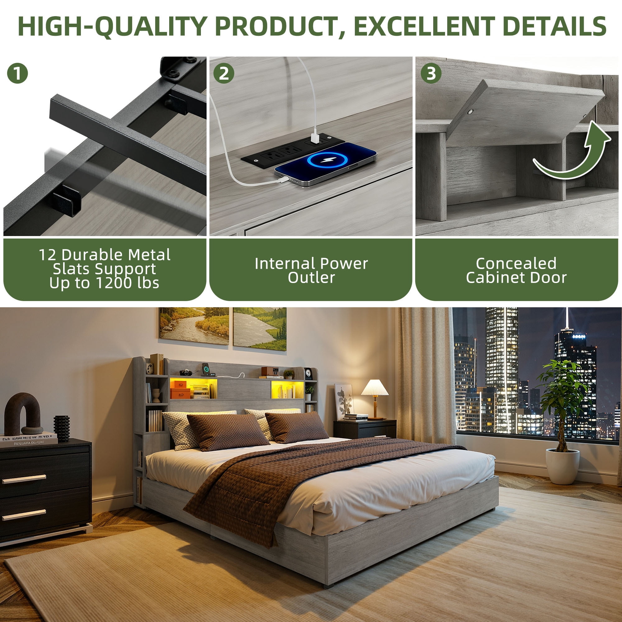 Uforic King Size Bed Frame with Bookcase Headboard, 4 Storage Drawers & RGB LED Lights (Grey, No Box Spring Needed)