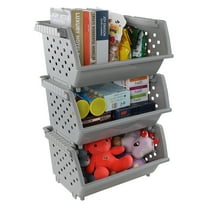 Easymanie 3-Pack Plastic Stacking Storage Basket, Stackable Organizer Baskets Bin, Grey