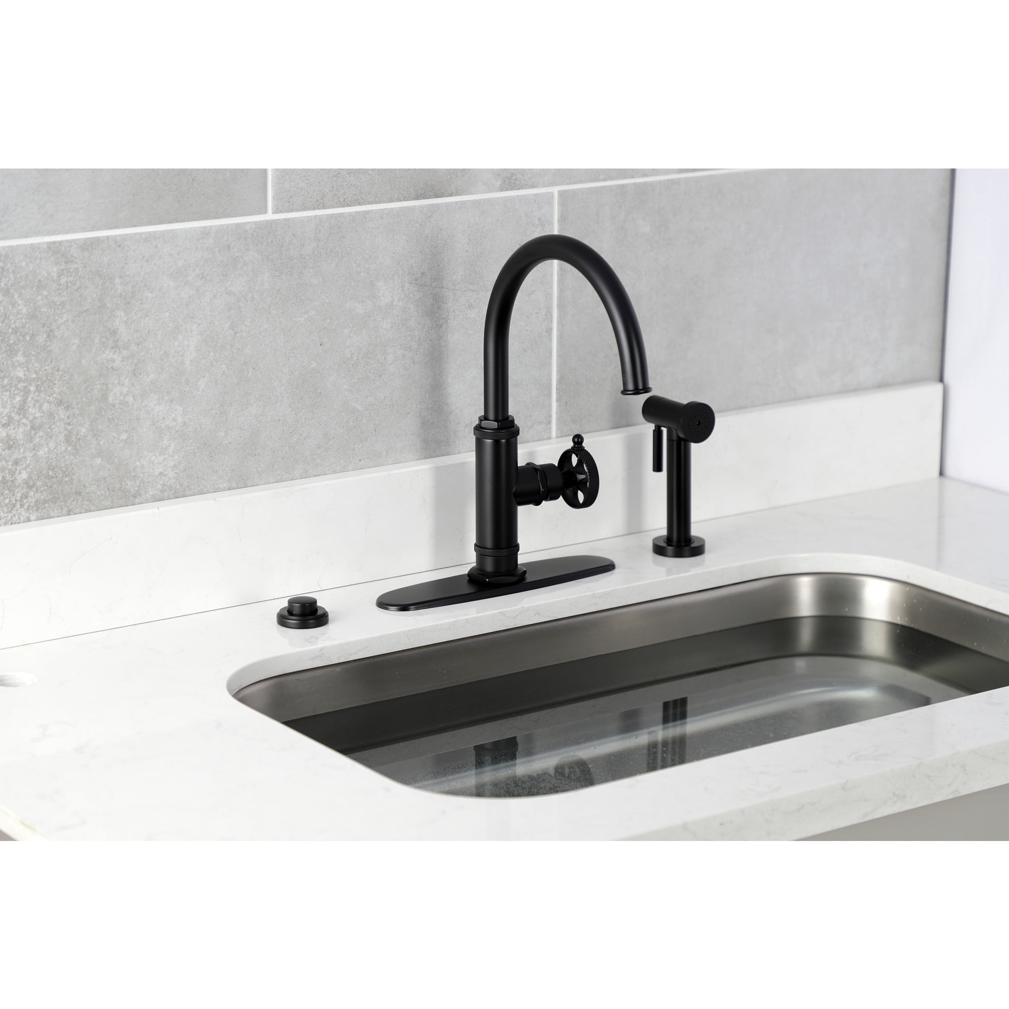 Kingston Brass KS2430RKX Webb Single-Handle Kitchen Faucet with Knurled Handle and Brass Side Sprayer, Matte Black