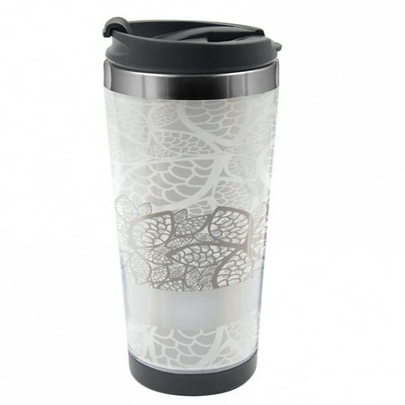 

Grey Travel Mug Lace Inspired Floral Steel Thermal Cup 16 oz by Ambesonne