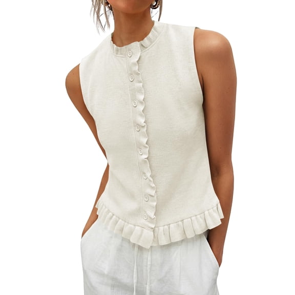 Women Sleeveless Ruffle Knit Cardigan Vest Button Down Cropped Tank Top