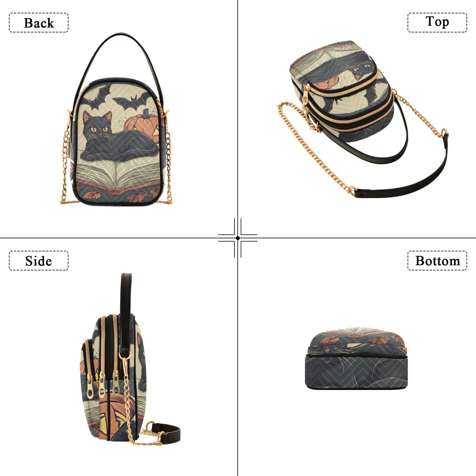 FORMRS Crossbody Bag for Women Quilted Travel Shoulder Cell Phone Purse with Chain Strap Handbag, Black Halloween Cat