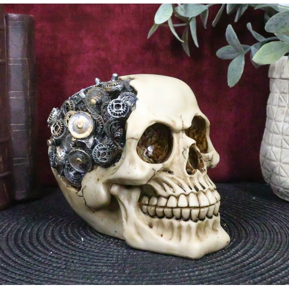 Steampunk Protruding Gearwork Cyborg Robotic Human Skull Figurine Skeleton