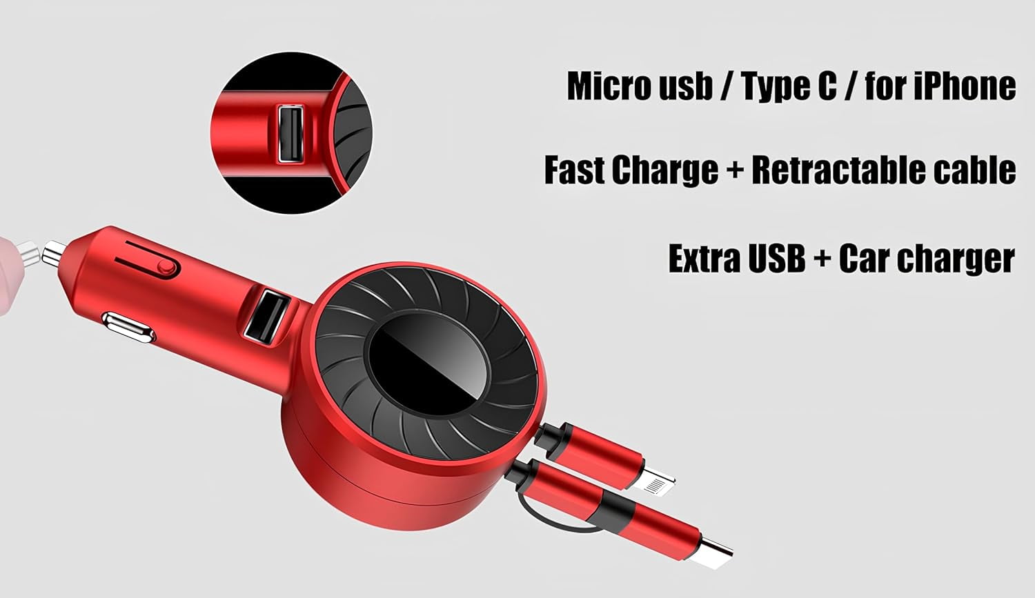 Wiher Retractable Fast Car Charger compatible for iPhone and Android with Dual Port USB C Cables 4-in-1 with Ports Adapter Car interior Accessories Red