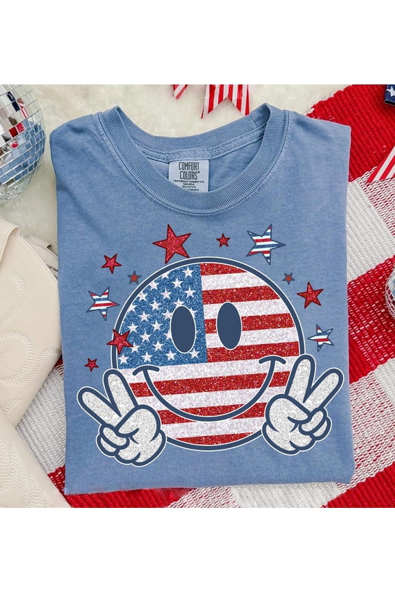 4th Of July Smiley Face Glitter Tshirt, 4th Of July Tshirt, Independence Day Tshirt, Stars and Stripes, Freedom, Peace Hand Sign Tshirt, Memorial Day