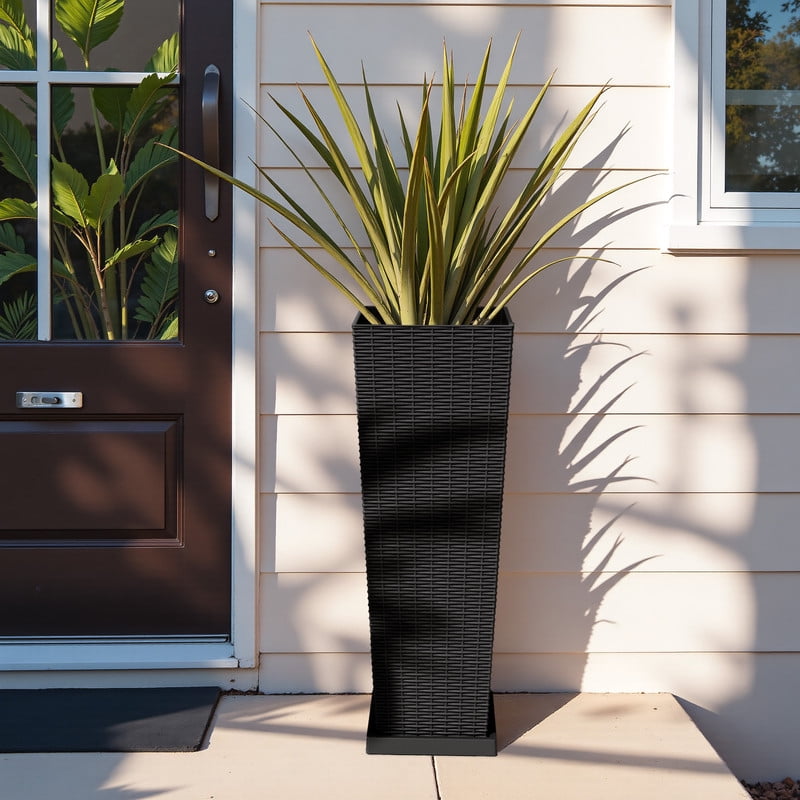 Homall 2-Pack 32" Tall Outdoor Plastic Planters with Inside Pots, Drainages and Trays, Rattan - Patterned for Patio Decor