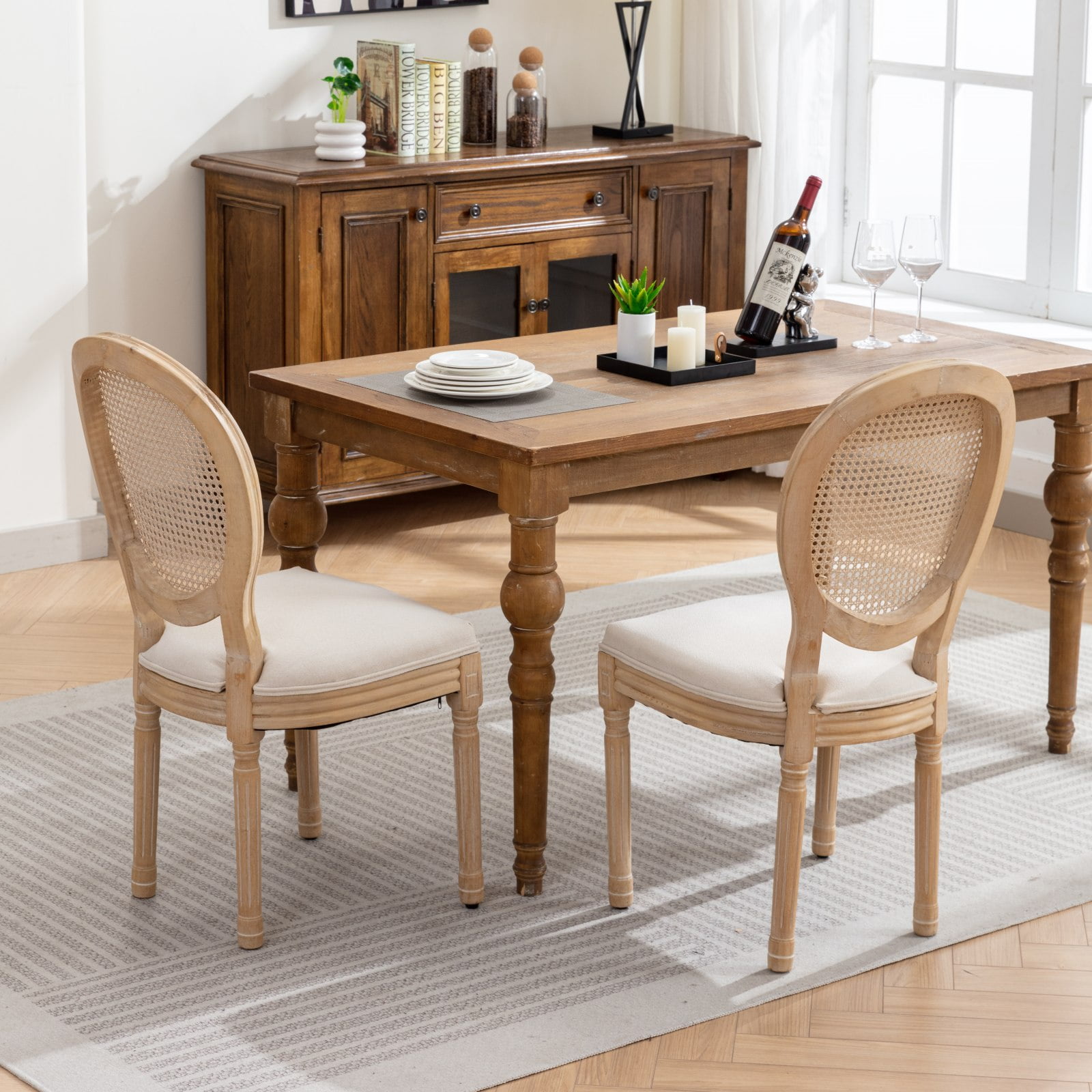 PORKISS Dining Chairs Modern Upholstered Set of 2, French Style Solid Wood Dining Side Chairs, Linen Fabric Dining Chair with Nailhead Trim, Beige A
