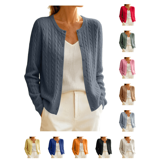Busydd Cable Knit Cardigan Sweaters for Women Fashion Open Front Button Down Cardigans Casual Solid Color Long Sleeve Fall Sweater