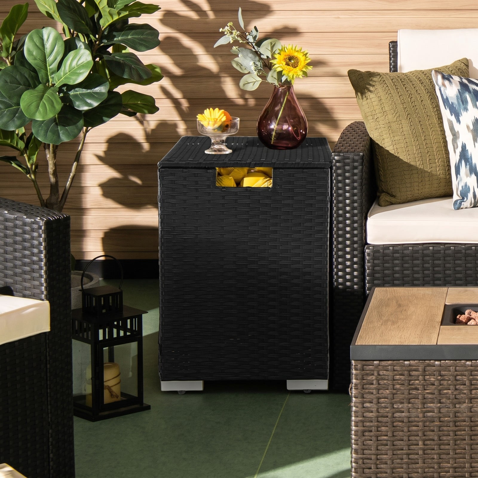 Biotree 2-in-1 Patio Rattan Propane Tank Cover Side Table for 20 lb Tanks, Outdoor PE Wicker Gas Cylinder Hideaway with Metal Frame and Adjustable Feet, Black