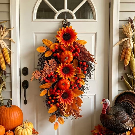Artificial Fall Harvest Door Swag with Maple Leaves Sunflower Pumpkin and Pinecone, 19.68in, Multicolor, for Front Door Wall and Porch Decor
